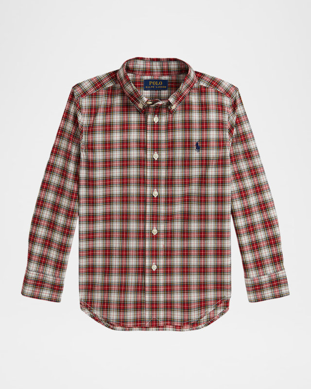Boy's Plaid Cotton Poplin Button-Front Shirt, Size 2-7